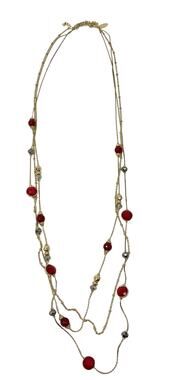 NY Woman's Long Red Gem Stones And Beads Gold Tone Necklace Fashion Jewelry